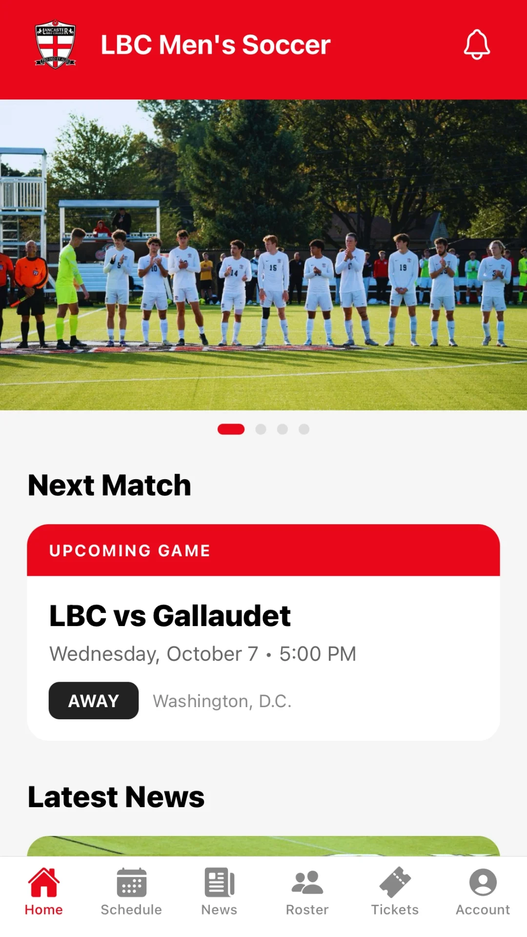 LBC Men's Soccer app home screen showing the next match and latest news