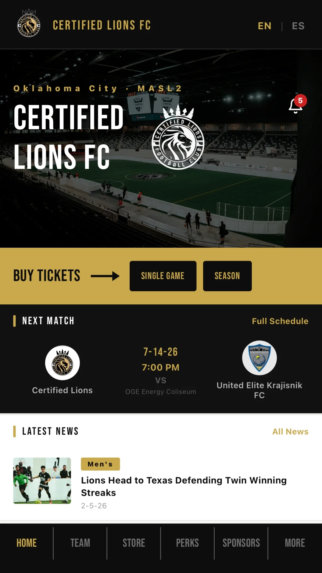 Certified Lions FC app home screen showing tickets, next match and news